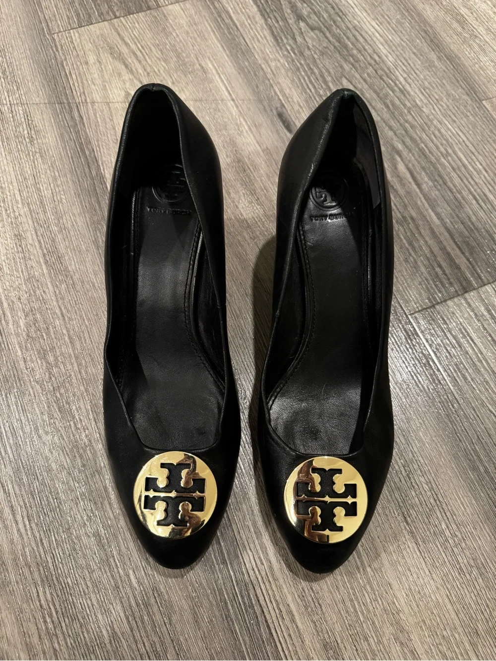 Tory Burch Black Sally Leather Wedge Gold Logo Size 10.5 (10 1/2)